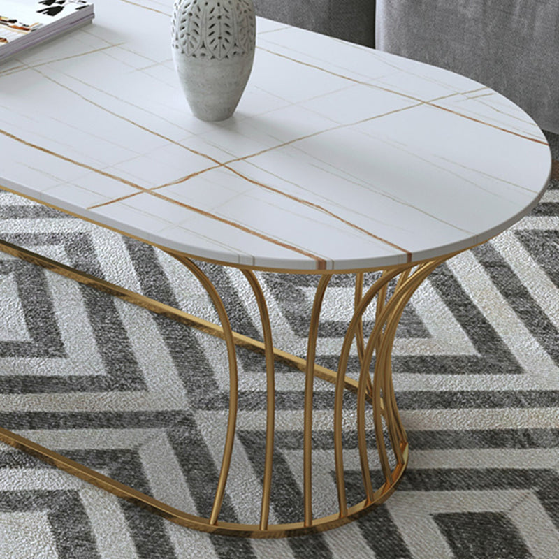Glam Oval Slate Coffee Table with Iron Frame and Stone Top Cocktail Table