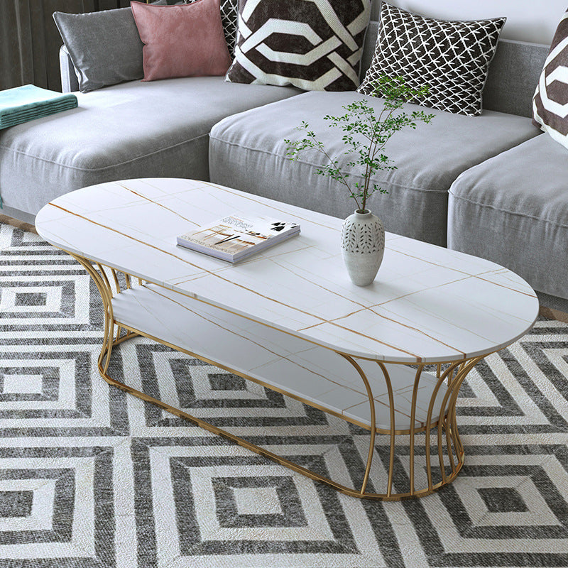 Glam Oval Slate Coffee Table with Iron Frame and Stone Top Cocktail Table