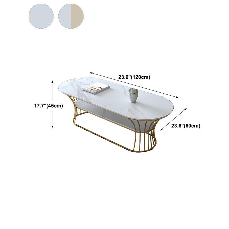 Glam Oval Slate Coffee Table with Iron Frame and Stone Top Cocktail Table