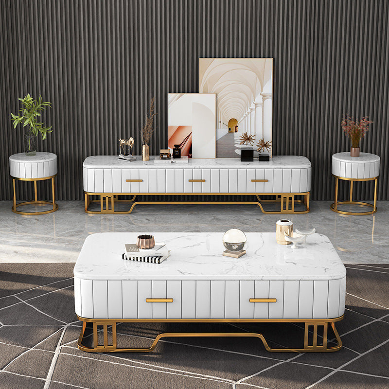 Glam Iron Frame Base Coffee Table with White Marble Top and 2 Drawers