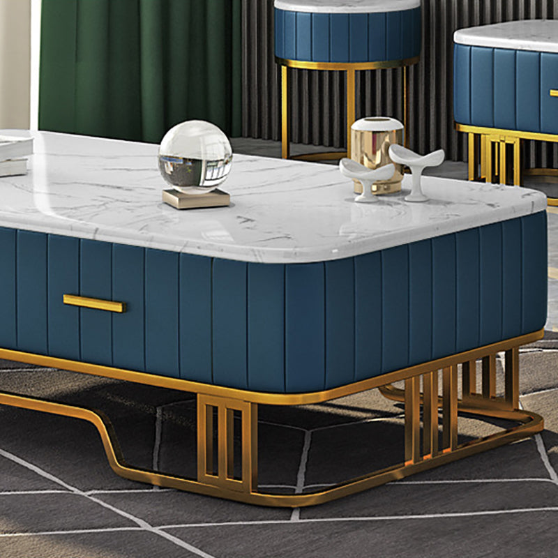 Glam Iron Frame Base Coffee Table with White Marble Top and 2 Drawers