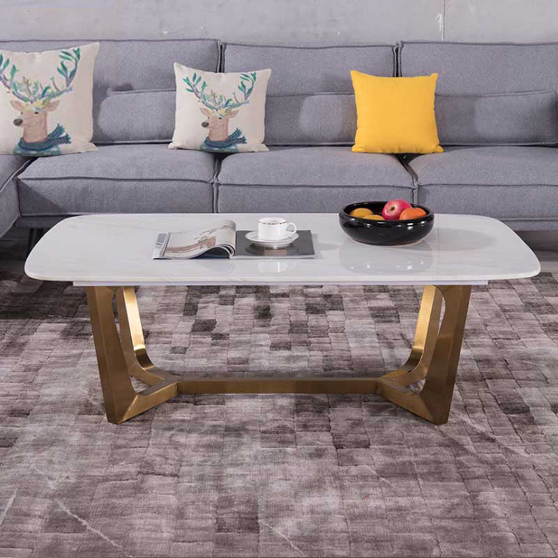 White Marble Top Coffee Table with Golden Steel Trestle Base