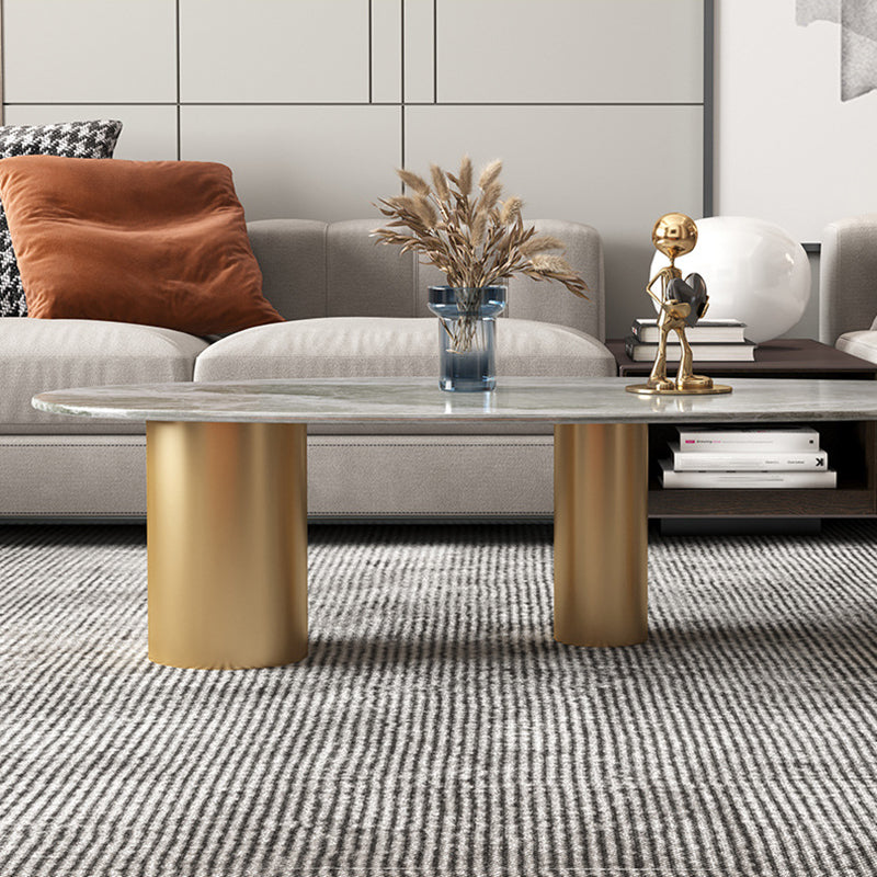 Oval Stone Top Coffee Table Set with 3 Steel Legs for Living Room