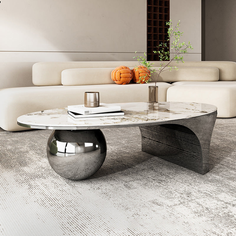 Oval Stone Top Coffee Table with Steel Base 51.18" Long 27.56" Wide