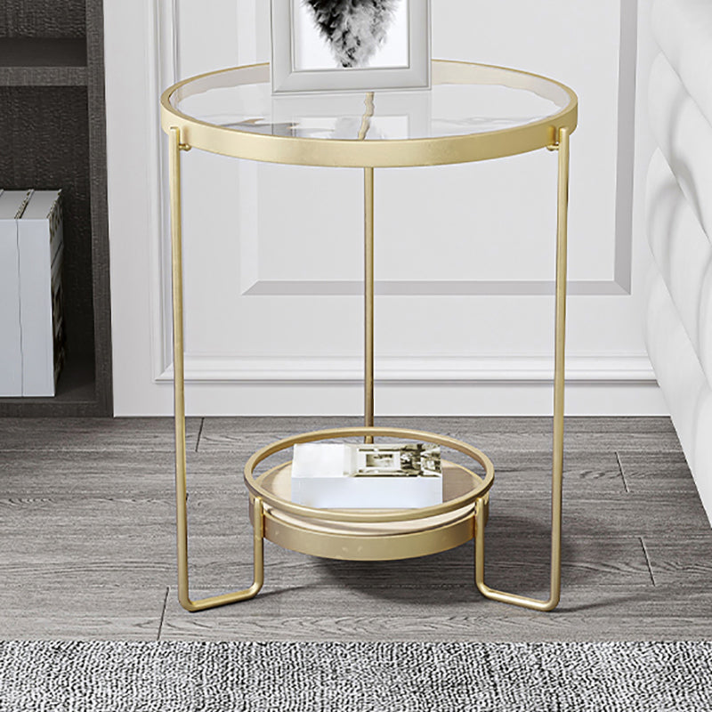 23.6" Tall Round Glass Top Side Table Iron Frame Base End Table with Shelf