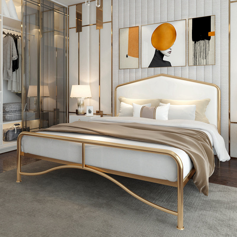 Glam Panel Bed with Camelback Headboard, Metal and Upholstered Bed Frame