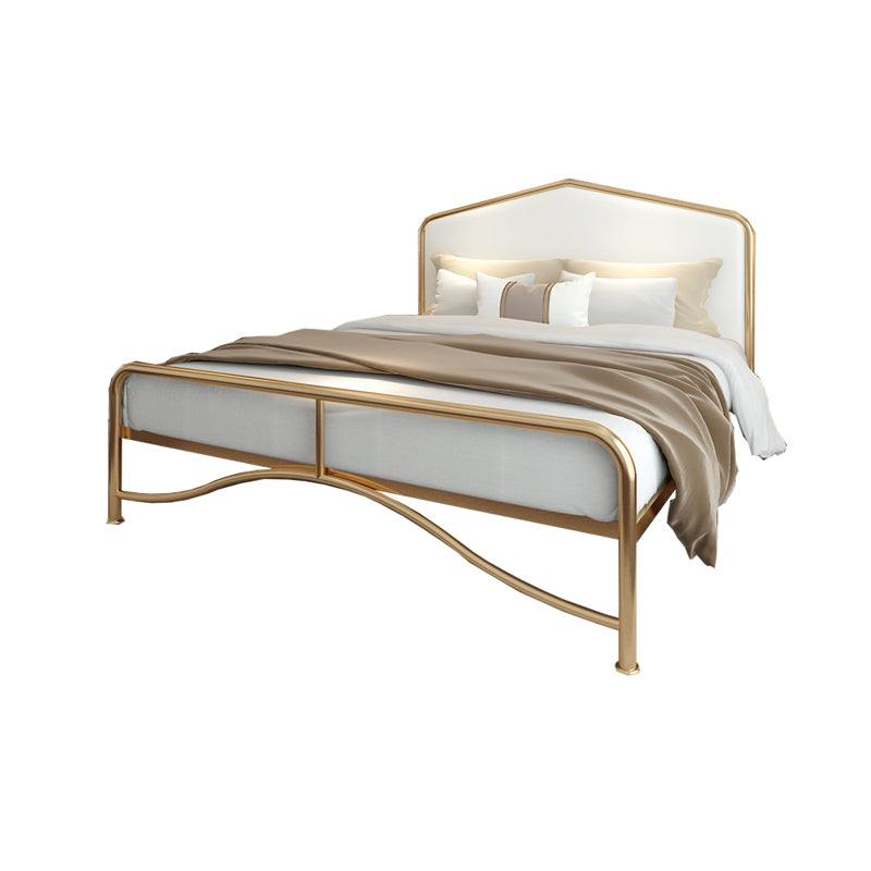 Glam Panel Bed with Camelback Headboard, Metal and Upholstered Bed Frame