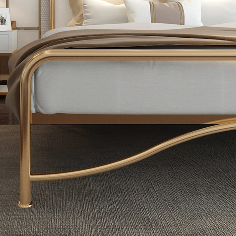 Glam Panel Bed with Camelback Headboard, Metal and Upholstered Bed Frame