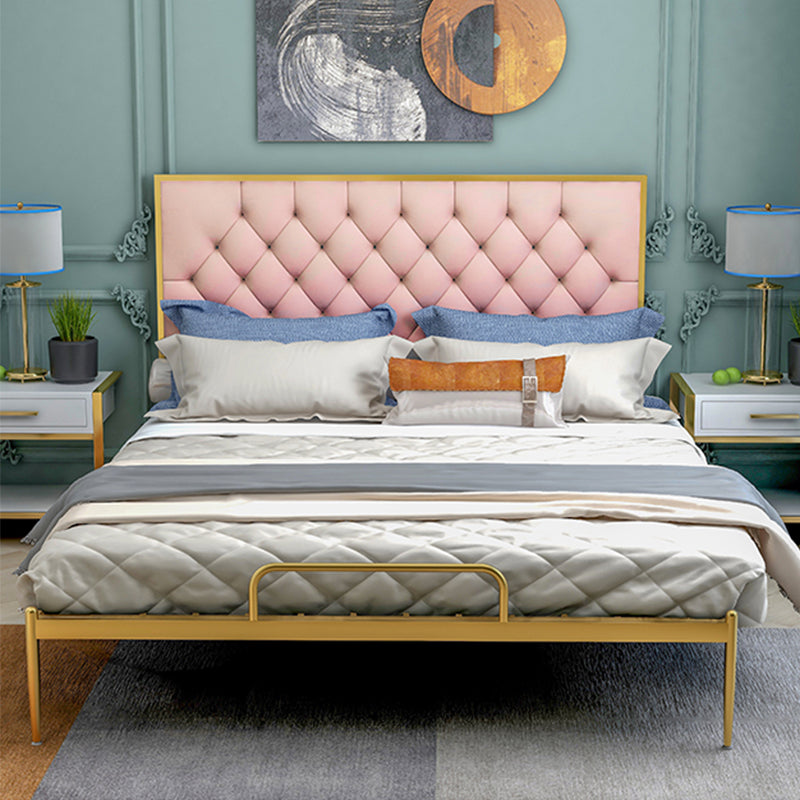 Glam Metal Panel Bed with Rectangular Upholstered Headboard, 43.3" Tall