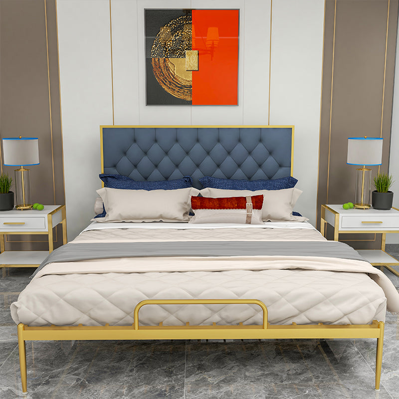 Glam Metal Panel Bed with Rectangular Upholstered Headboard, 43.3" Tall