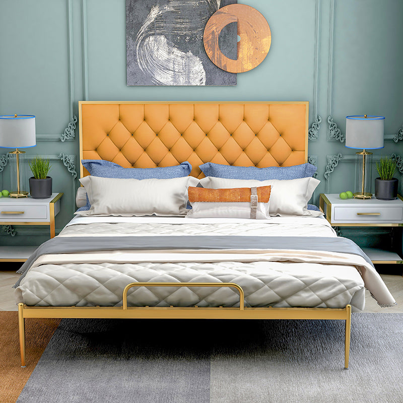 Glam Metal Panel Bed with Rectangular Upholstered Headboard, 43.3" Tall