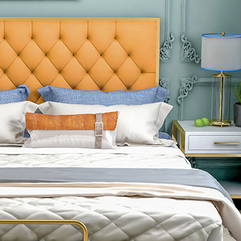 Glam Metal Panel Bed with Rectangular Upholstered Headboard, 43.3" Tall