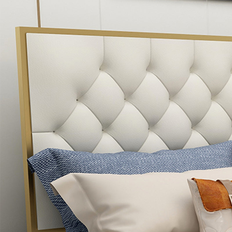 Glam Metal Panel Bed with Rectangular Upholstered Headboard, 43.3" Tall