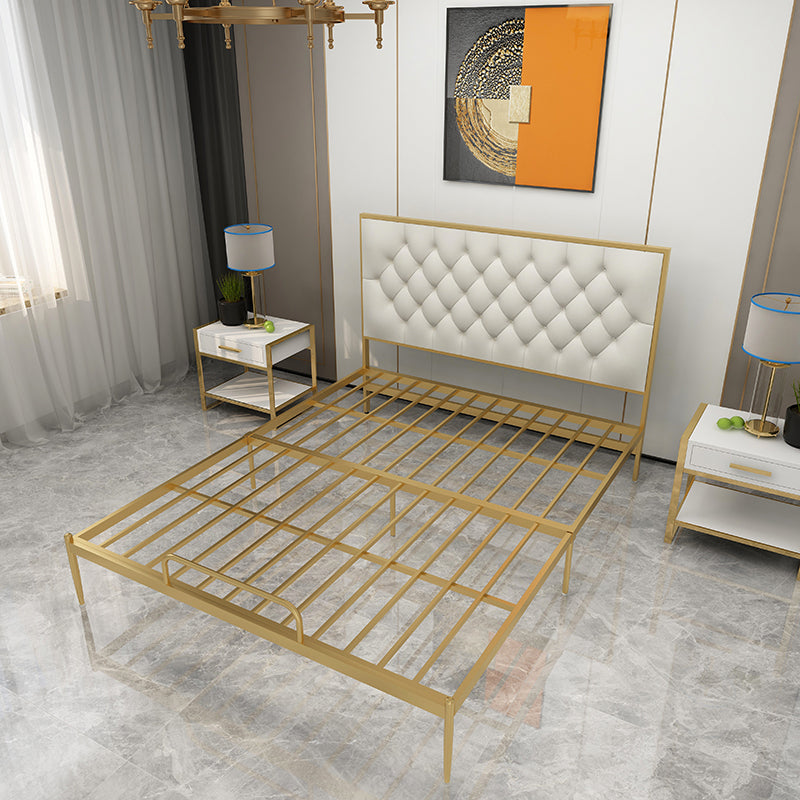 Glam Metal Panel Bed with Rectangular Upholstered Headboard, 43.3" Tall