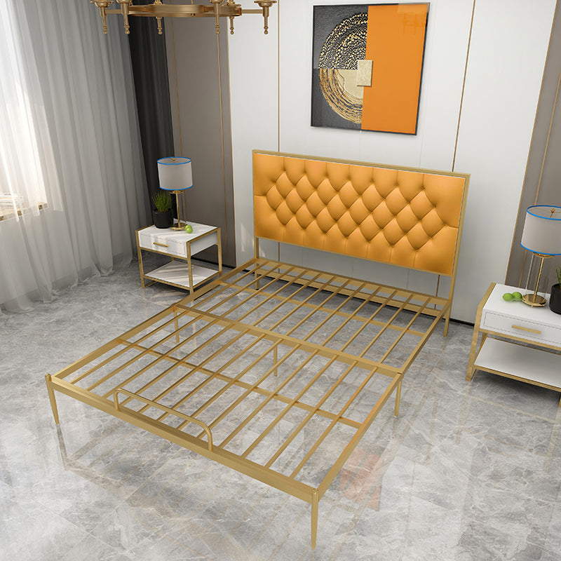 Glam Metal Panel Bed with Rectangular Upholstered Headboard, 43.3" Tall