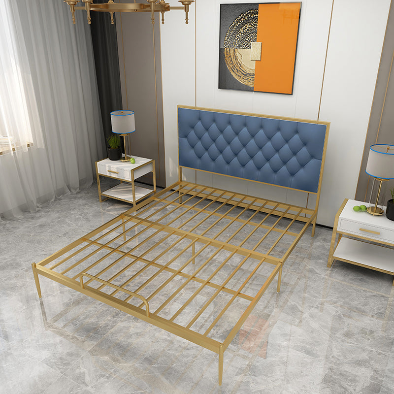 Glam Metal Panel Bed with Rectangular Upholstered Headboard, 43.3" Tall