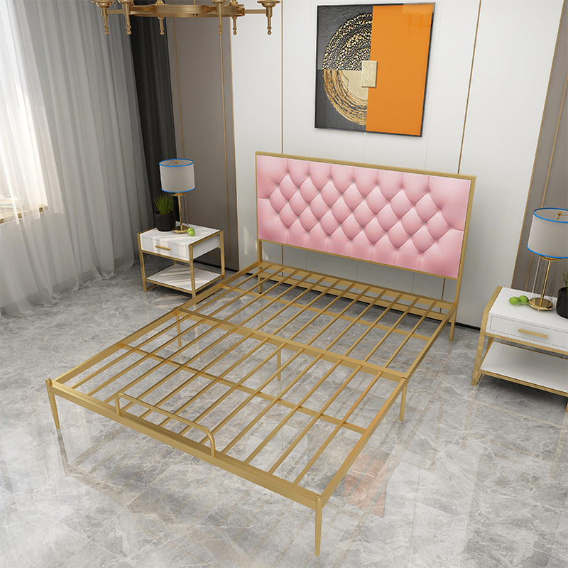 Glam Metal Panel Bed with Rectangular Upholstered Headboard, 43.3" Tall