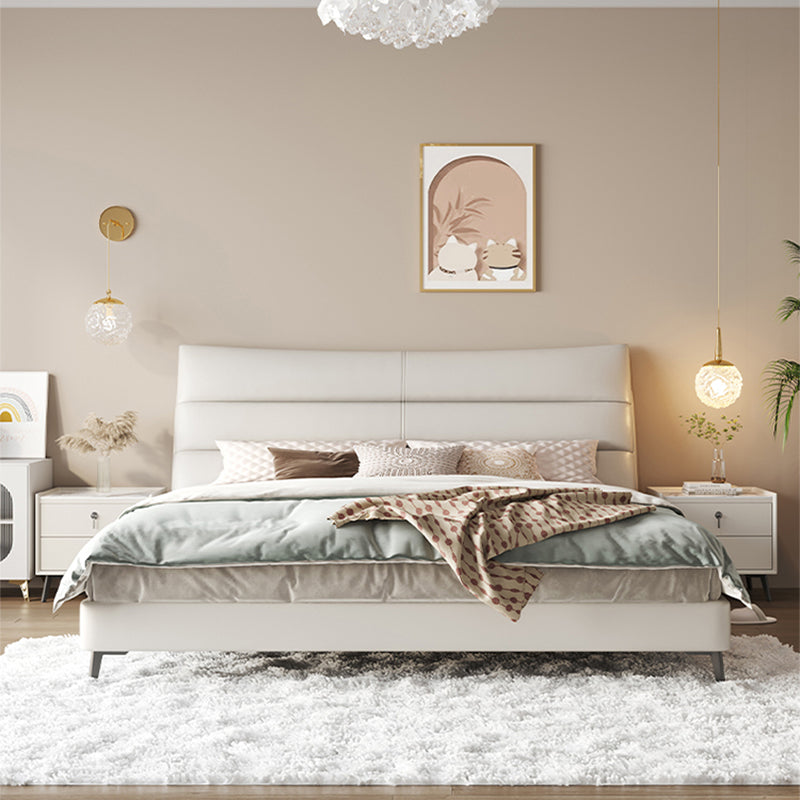 Wood and Upholstered Bed Frame Glam White Panel Bed, 46" Tall