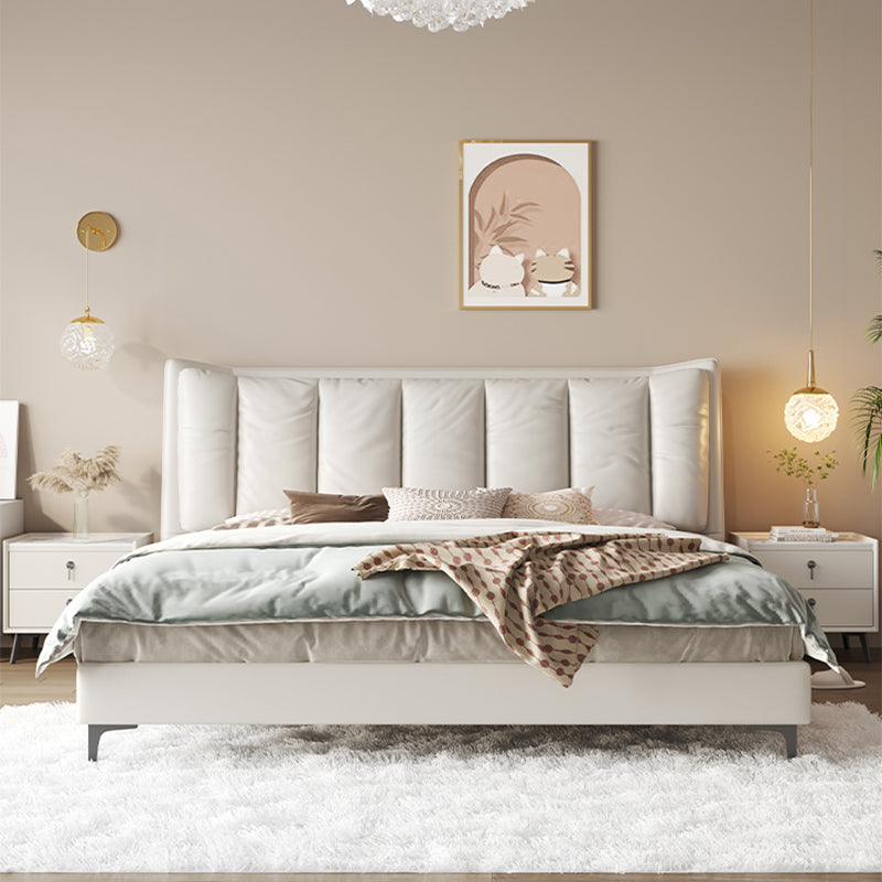 Modern White Panel Bed Wood and Upholstered Bed Frame, 42.5" Tall