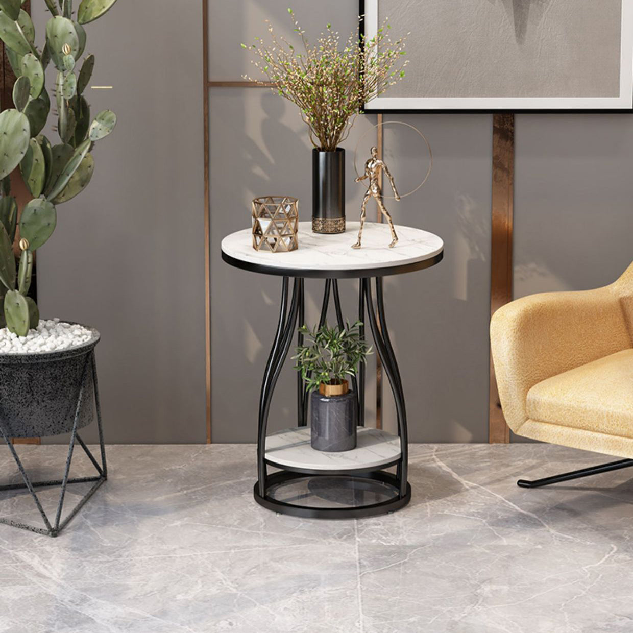 Metal Frame Accent Table Nightstand Lower Shelf Night Table for Bedroom