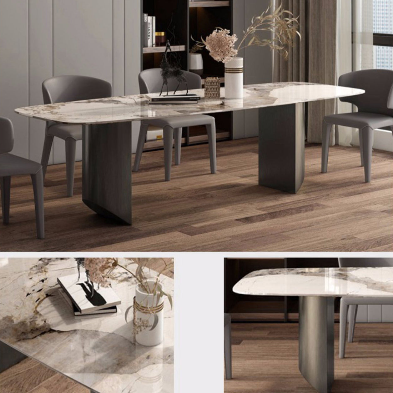 Modern Furniture White Rectangular Sintered Stone Dining Table with Metal Legs for Home