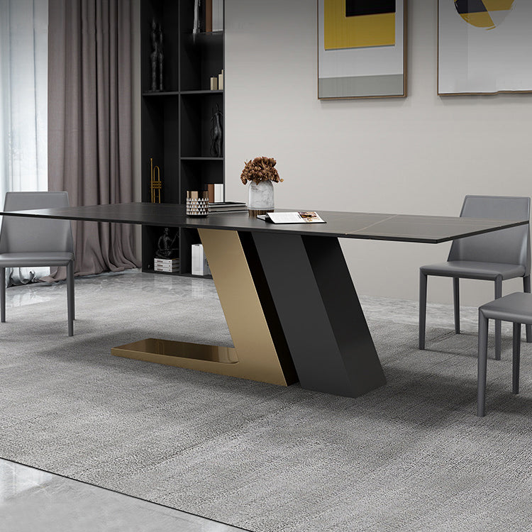 Gold Metal Base Rectangle Table Modern Black and White Sintered Stone Top Dining Table