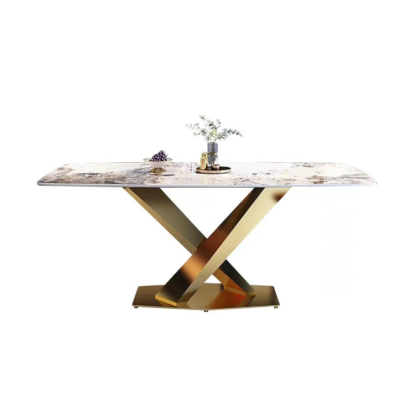 Gold Base Pedestal Dining Table Traditional Luxury Rectangle Stone Dinner Table