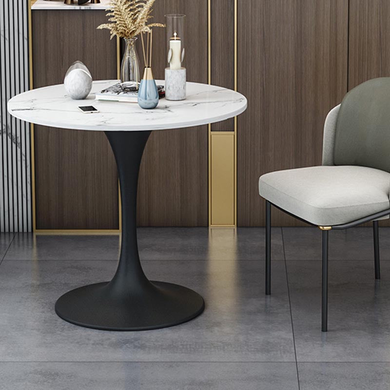 White Sintered Stone Top Table with Tulip Base Metal Traditional Luxury Round Dining Table