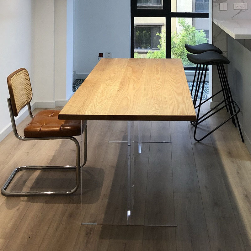 Rectangle Dining Table Natural Pine Wood Top Transparency Acrylic Base Table
