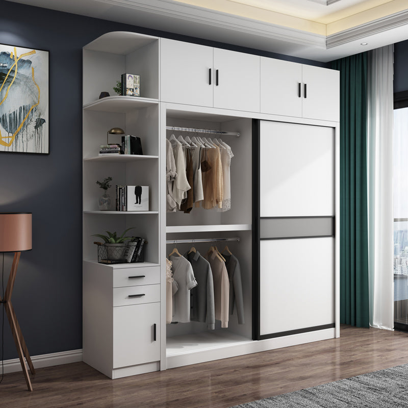 White Modern Wardrobe Armoire Engineered Wood Sliding Door Wardrobe with Drawer