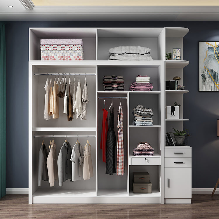 White Modern Wardrobe Armoire Engineered Wood Sliding Door Wardrobe with Drawer