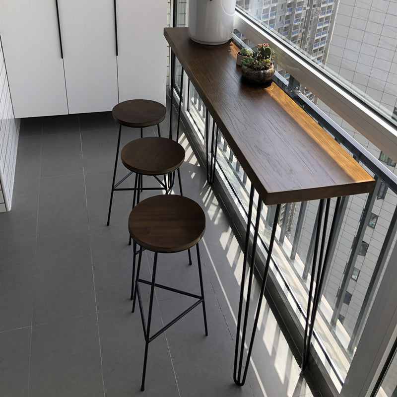 Solid Wood Brown Bar Table Black Legs and Metal Base Bar Table