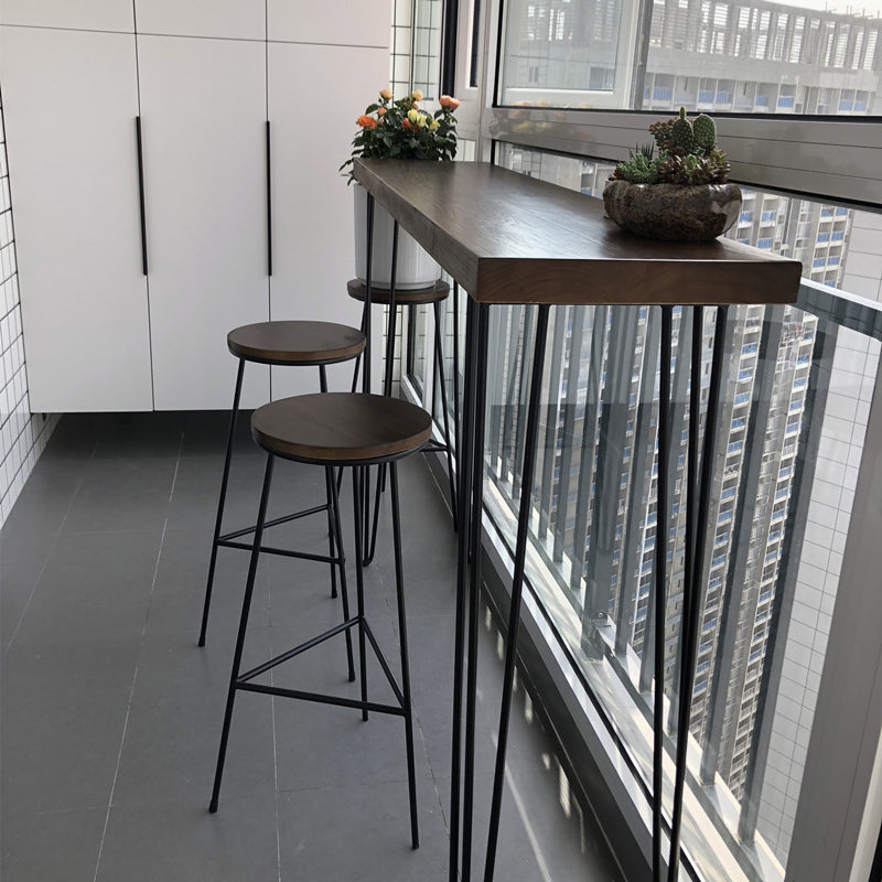 Solid Wood Brown Bar Table Black Legs and Metal Base Bar Table