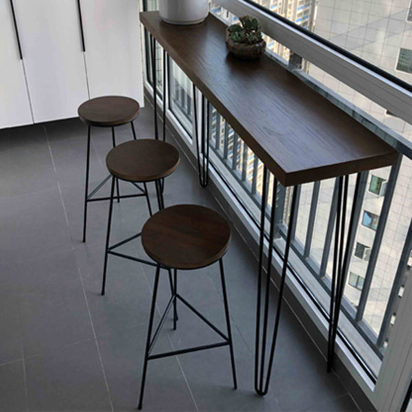 Solid Wood Brown Bar Table Black Legs and Metal Base Bar Table