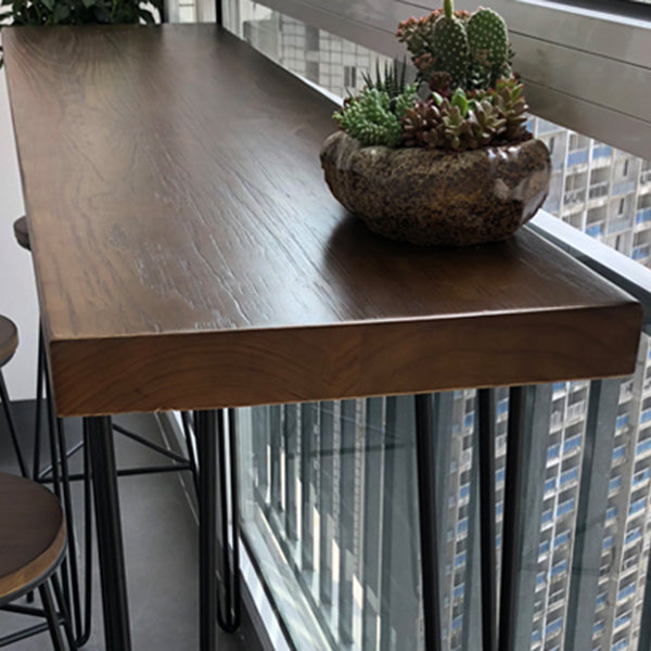 Solid Wood Brown Bar Table Black Legs and Metal Base Bar Table