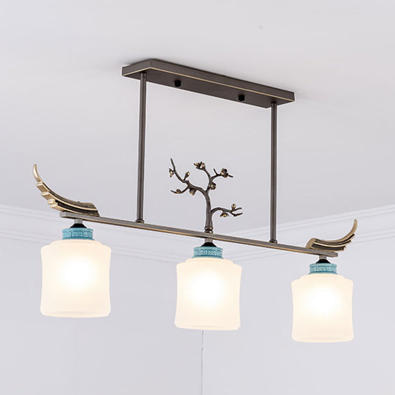 Modern Style Cylindrical Shape Island Lights White Glass 3 Light Island Lighting in Bronze