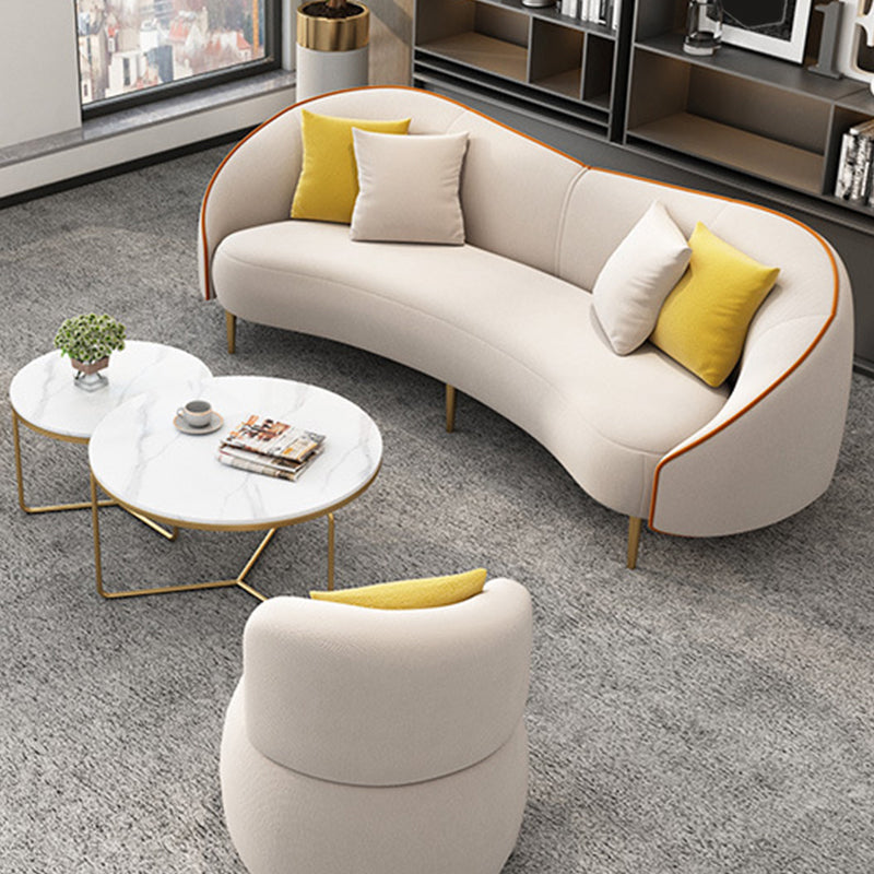 Beige/Grey Faux Leather Sofa Sloped Arm Sofa with Bolster Pillows