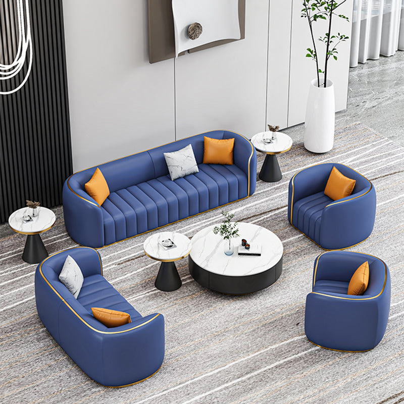 Tuxedo Arm Sofa in Grey/Blue Faux Leather Sofa with Metal Accent