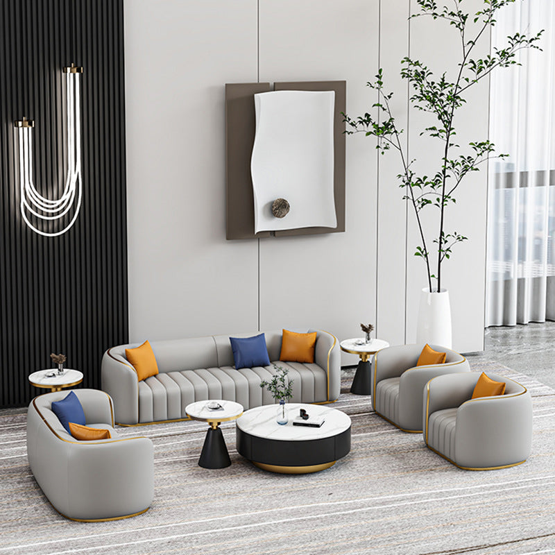 Tuxedo Arm Sofa in Grey/Blue Faux Leather Sofa with Metal Accent