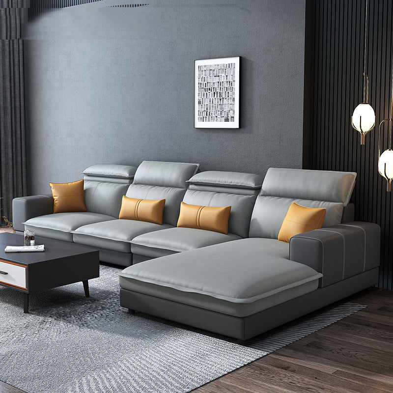 Contemporary Faux Leather L-Shape Sectional with Chaise and Square Arms
