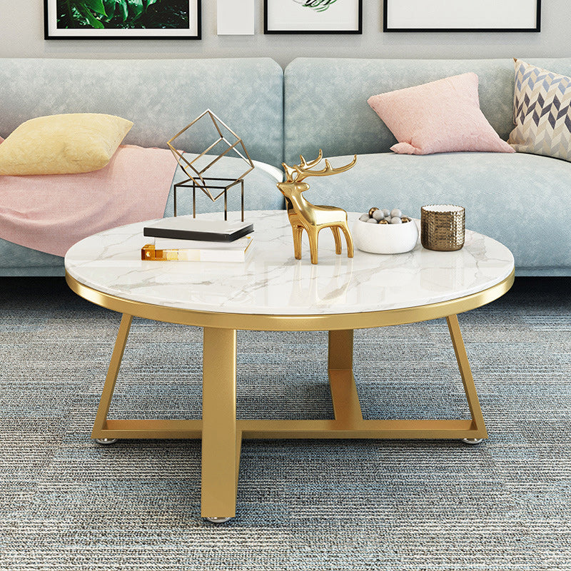 Round Marble Top Cocktail Table with Iron Cross Base Coffee Table