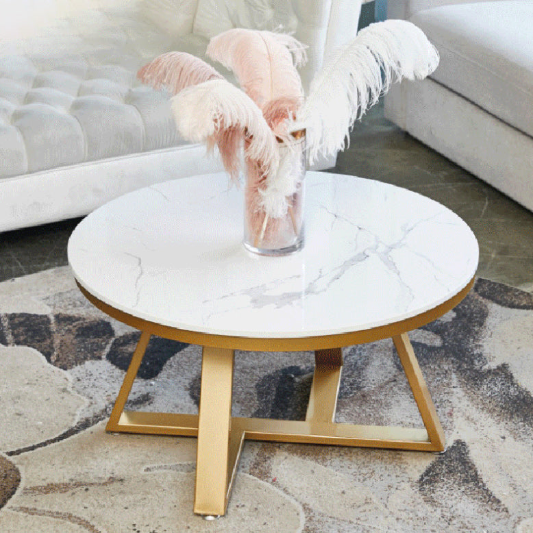 Round Marble Top Cocktail Table with Iron Cross Base Coffee Table
