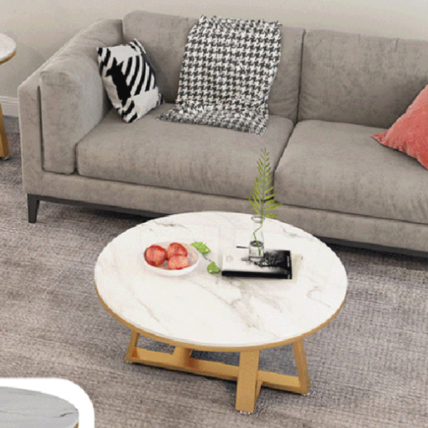 Round Marble Top Cocktail Table with Iron Cross Base Coffee Table