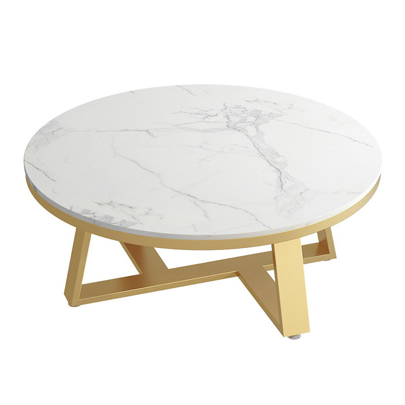 Round Marble Top Cocktail Table with Iron Cross Base Coffee Table