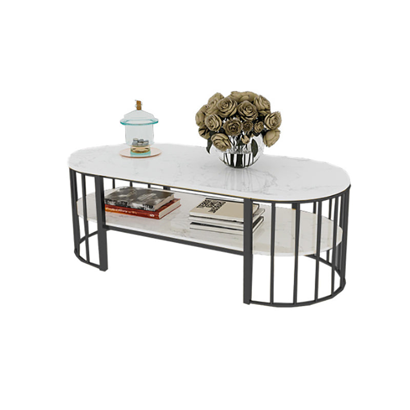 Glam Oval Coffee Table with Marble Top and Storage Shelf and Steel Base