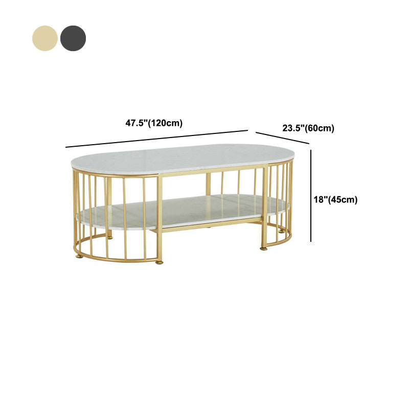 Glam Oval Coffee Table with Marble Top and Storage Shelf and Steel Base