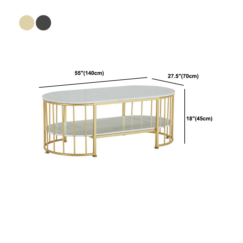 Glam Oval Coffee Table with Marble Top and Storage Shelf and Steel Base