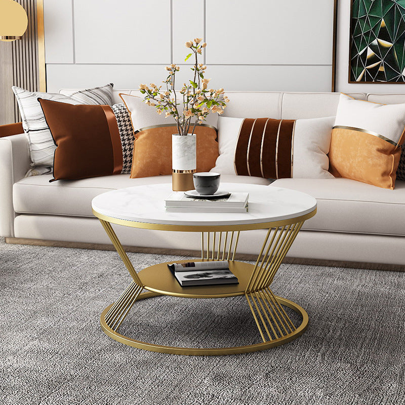 Glam Round Stone Top Coffee Table with Steel Shelf and Frame Base