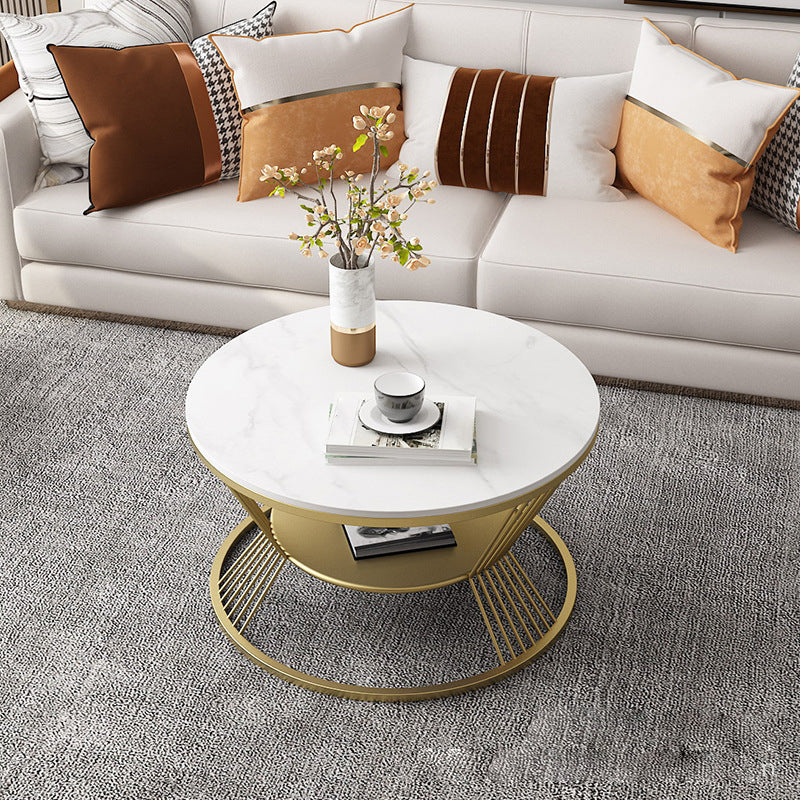 Glam Round Stone Top Coffee Table with Steel Shelf and Frame Base