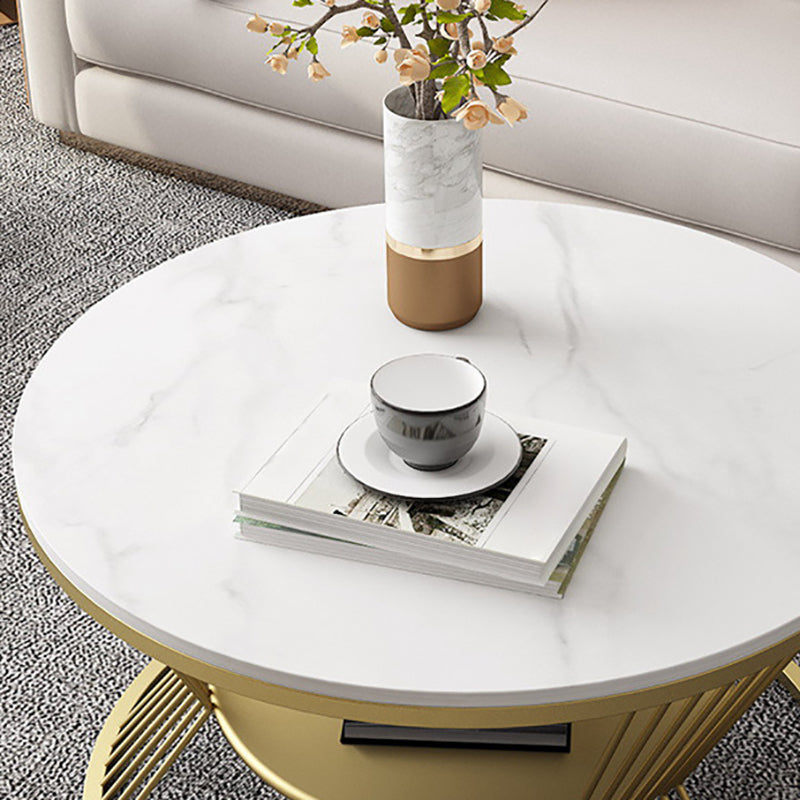 Glam Round Stone Top Coffee Table with Steel Shelf and Frame Base